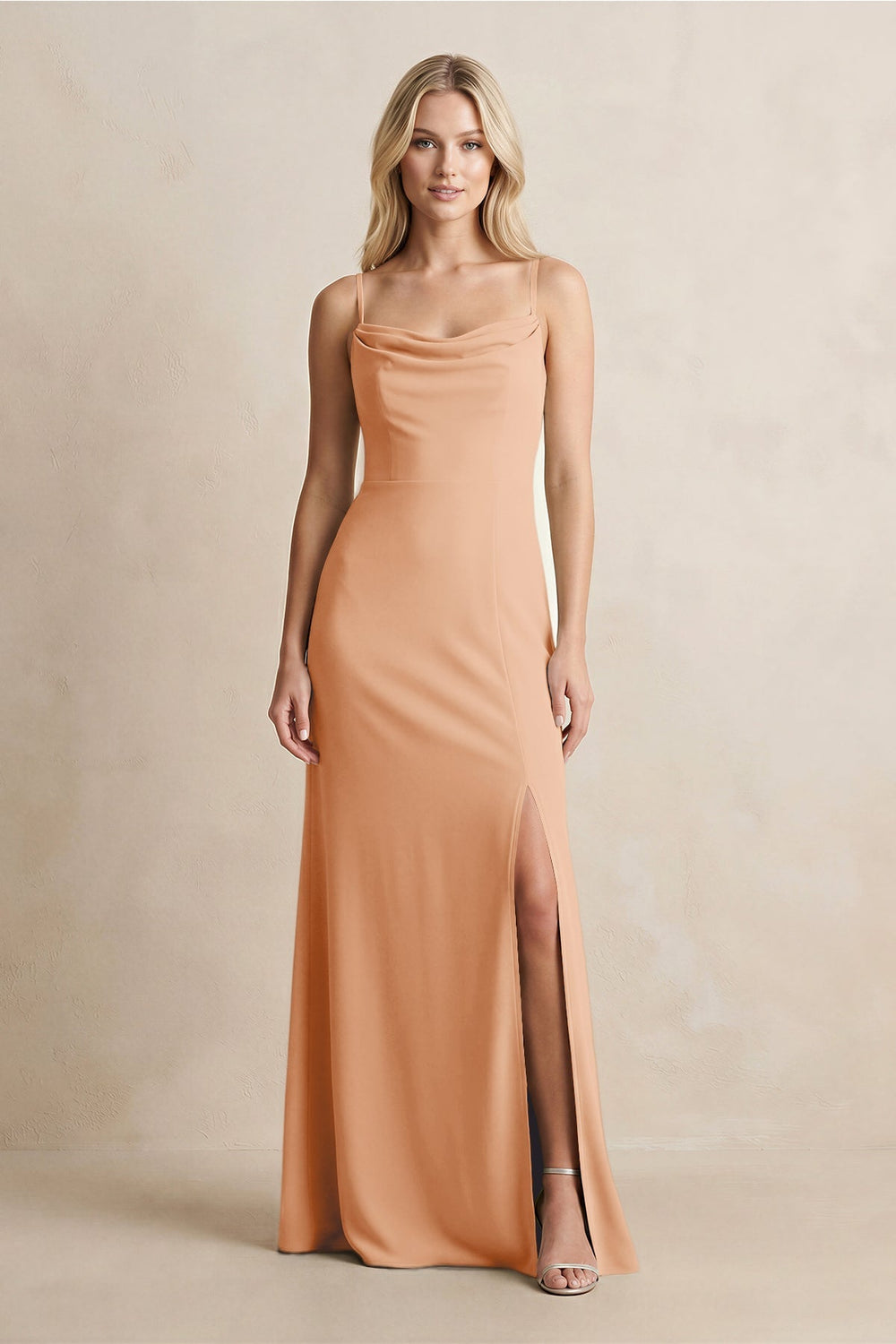 Spaghetti Straps Sheath Satin Bridesmaid Dress With Slit in Golden Champagne - KissProm Bridesmaid Dresses