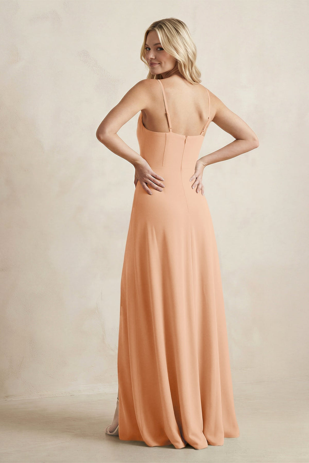 Spaghetti Straps Sheath Satin Bridesmaid Dress With Slit in Golden Champagne - KissProm Bridesmaid Dresses