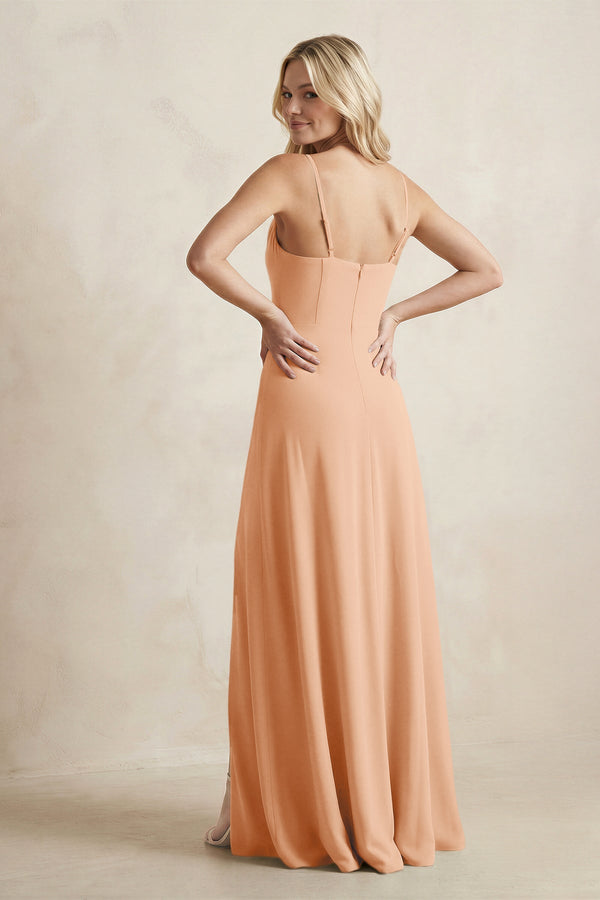 Spaghetti Straps Sheath Satin Bridesmaid Dress With Slit in Golden Champagne - KissProm Bridesmaid Dresses