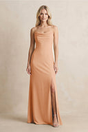 Spaghetti Straps Sheath Satin Bridesmaid Dress With Slit in Golden Champagne - KissProm Bridesmaid Dresses