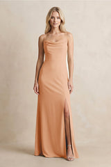 Spaghetti Straps Sheath Satin Bridesmaid Dress With Slit in Golden Champagne - KissProm Bridesmaid Dresses