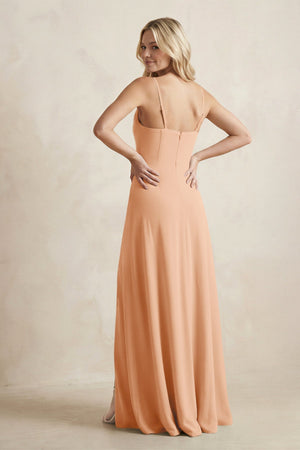 Spaghetti Straps Sheath Satin Bridesmaid Dress With Slit in Golden Champagne - KissProm Bridesmaid Dresses