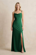 Spaghetti Straps Sheath Satin Bridesmaid Dress With Slit in Green - KissProm Bridesmaid Dresses