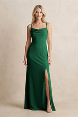 Spaghetti Straps Sheath Satin Bridesmaid Dress With Slit in Green - KissProm Bridesmaid Dresses