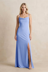 Spaghetti Straps Sheath Satin Bridesmaid Dress With Slit in Ice - KissProm Bridesmaid Dresses