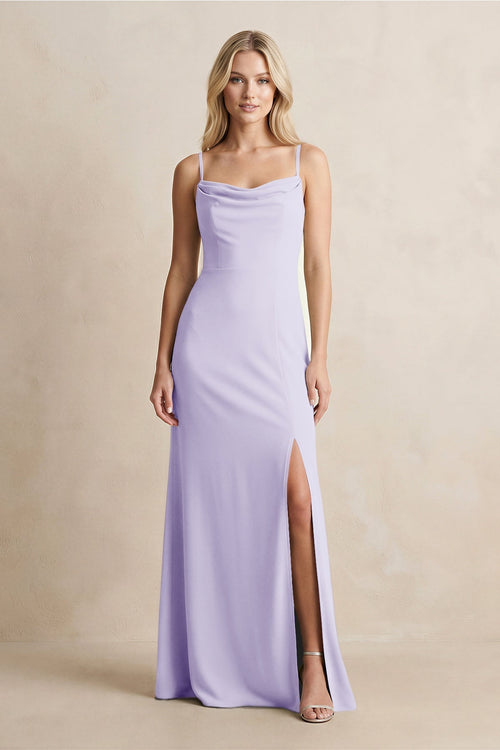Spaghetti Straps Sheath Satin Bridesmaid Dress With Slit in Lavender - KissProm Bridesmaid Dresses