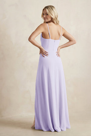 Spaghetti Straps Sheath Satin Bridesmaid Dress With Slit in Lavender - KissProm Bridesmaid Dresses