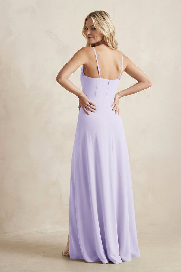 Spaghetti Straps Sheath Satin Bridesmaid Dress With Slit in Lavender - KissProm Bridesmaid Dresses