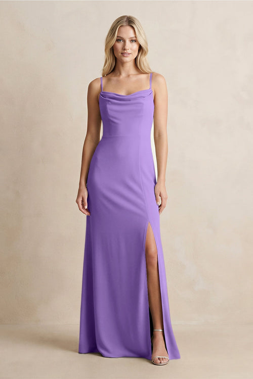 Spaghetti Straps Sheath Satin Bridesmaid Dress With Slit in Lilac - KissProm Bridesmaid Dresses