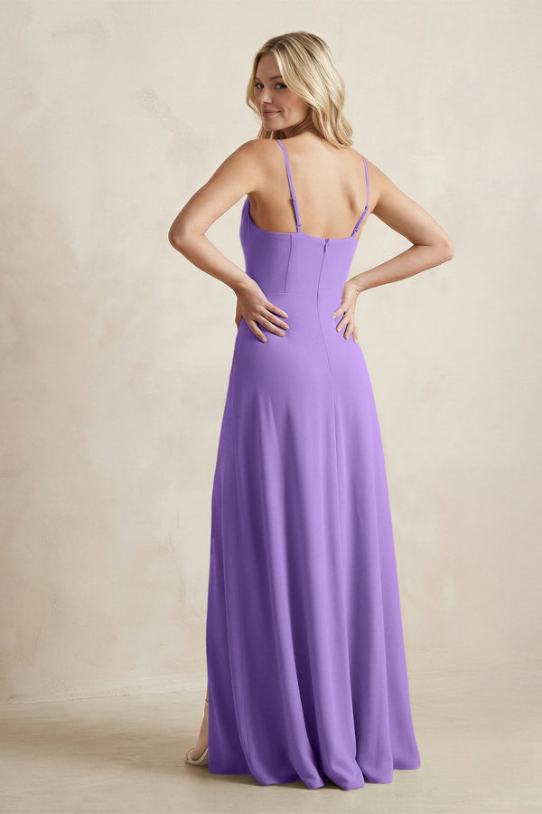 Spaghetti Straps Sheath Satin Bridesmaid Dress With Slit in Lilac - KissProm Bridesmaid Dresses