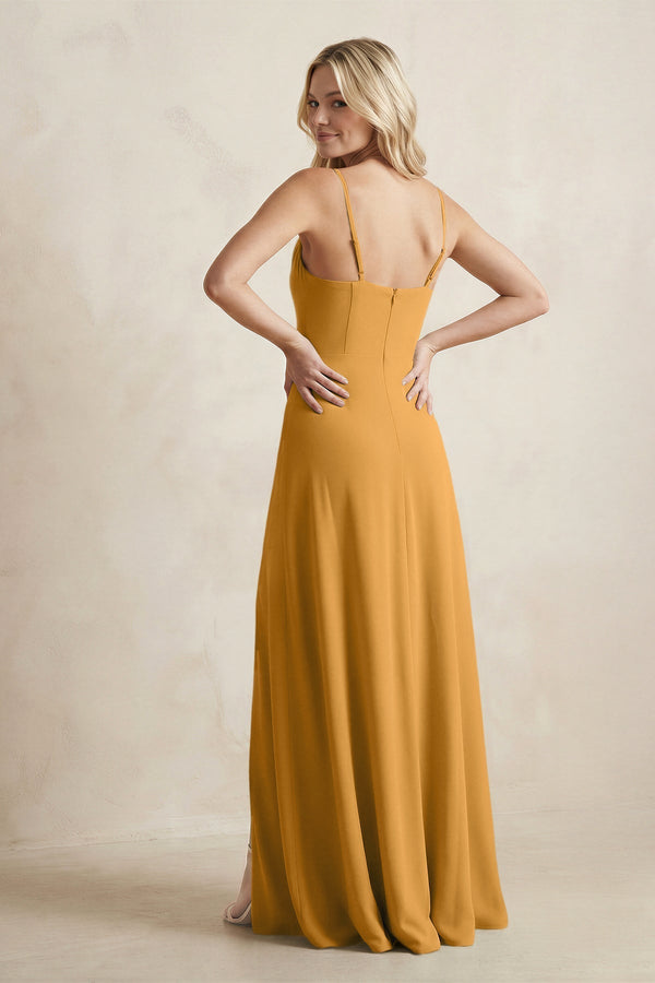 Spaghetti Straps Sheath Satin Bridesmaid Dress With Slit in Marigold - KissProm Bridesmaid Dresses