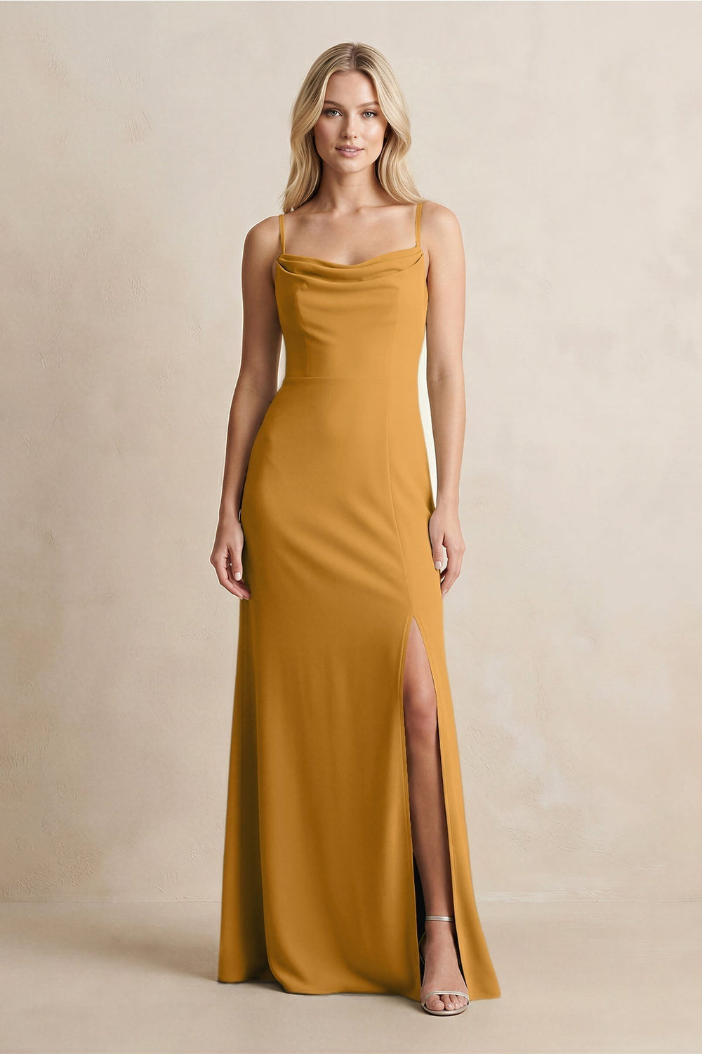 Spaghetti Straps Sheath Satin Bridesmaid Dress With Slit in Marigold - KissProm Bridesmaid Dresses
