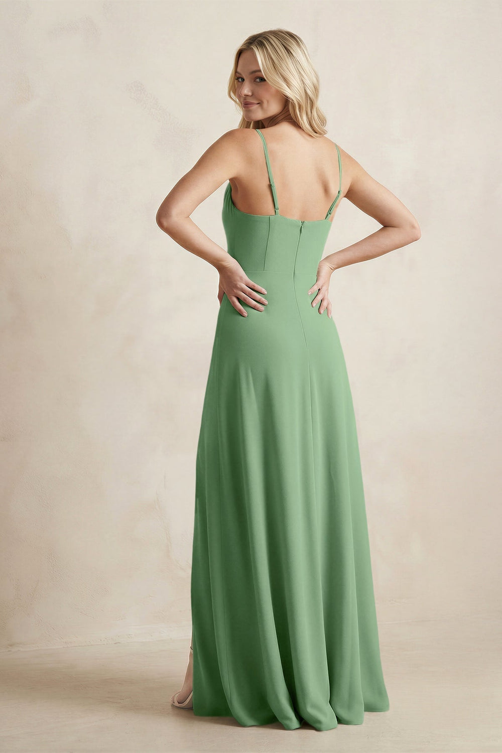 Spaghetti Straps Sheath Satin Bridesmaid Dress With Slit in Matcha - KissProm Bridesmaid Dresses