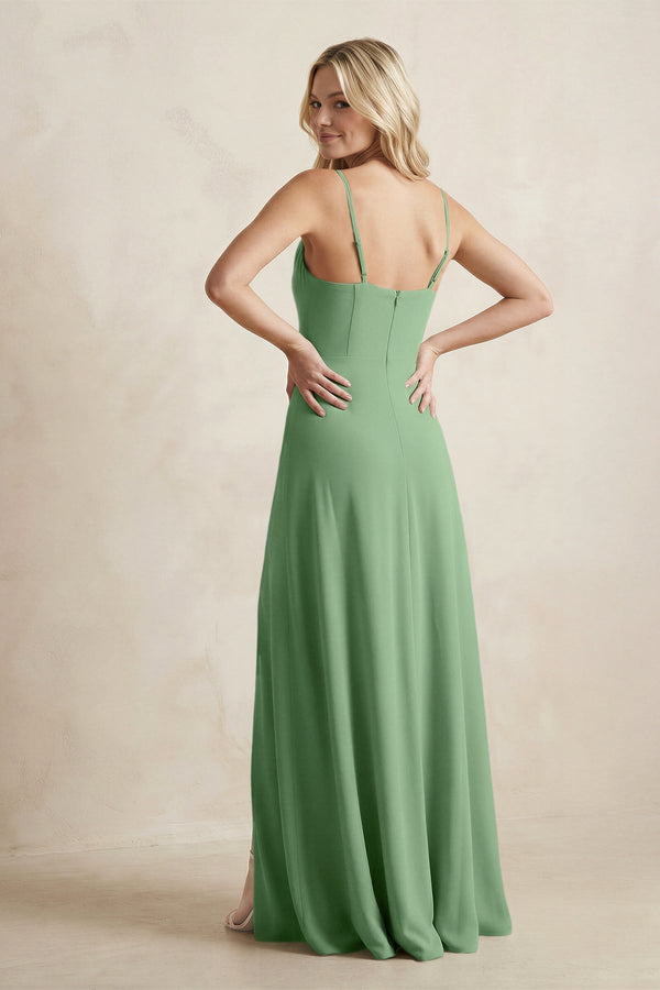 Spaghetti Straps Sheath Satin Bridesmaid Dress With Slit in Matcha - KissProm Bridesmaid Dresses