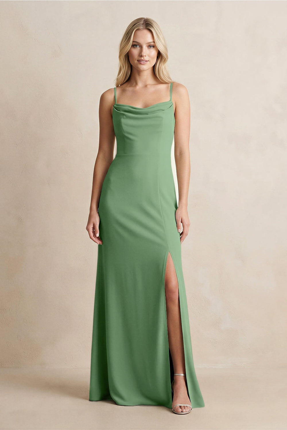 Spaghetti Straps Sheath Satin Bridesmaid Dress With Slit in Matcha - KissProm Bridesmaid Dresses