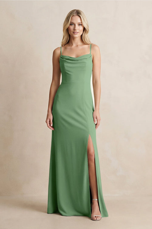 Spaghetti Straps Sheath Satin Bridesmaid Dress With Slit in Matcha - KissProm Bridesmaid Dresses