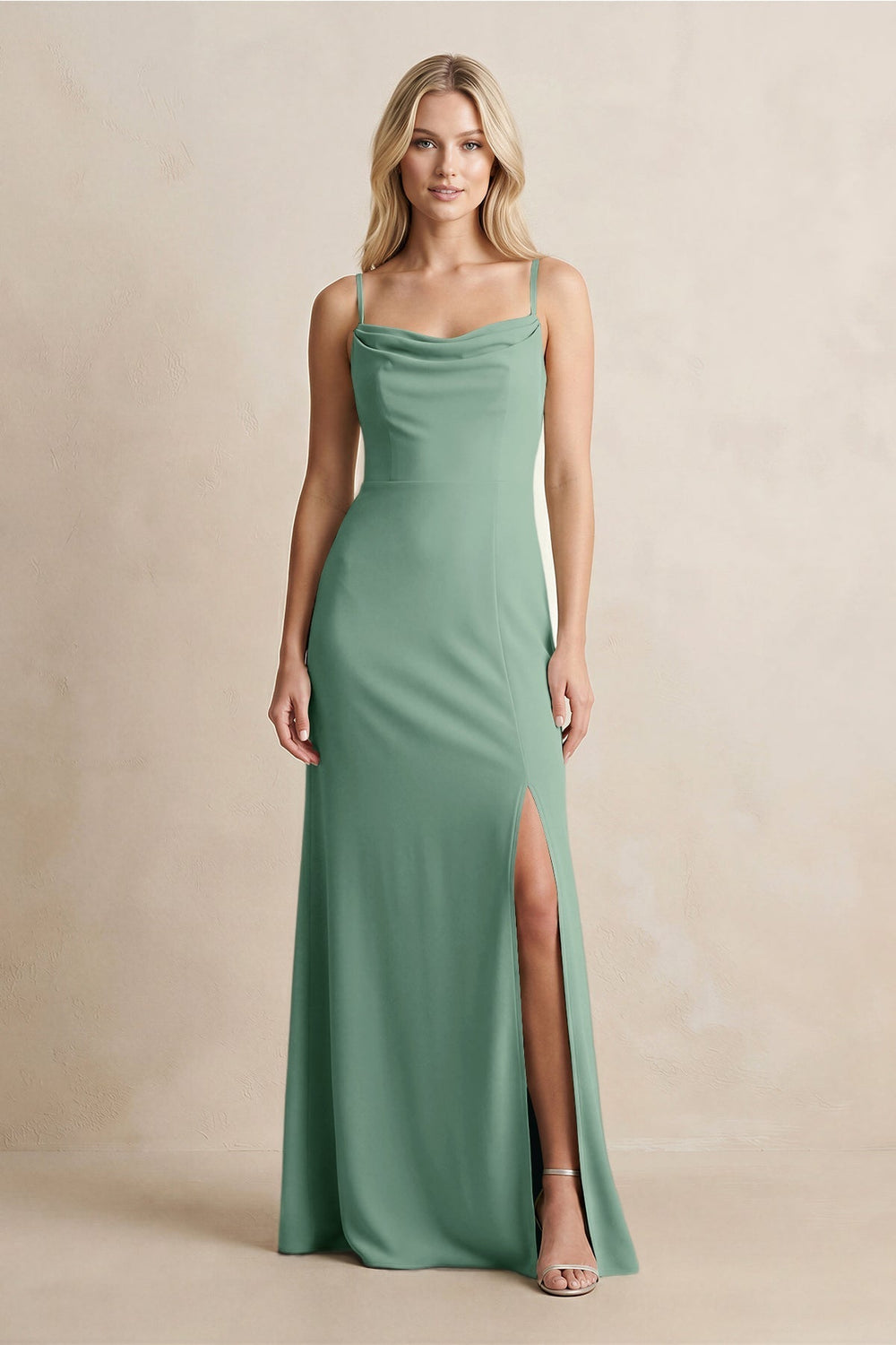 Spaghetti Straps Sheath Satin Bridesmaid Dress With Slit in Mint Green - KissProm Bridesmaid Dresses