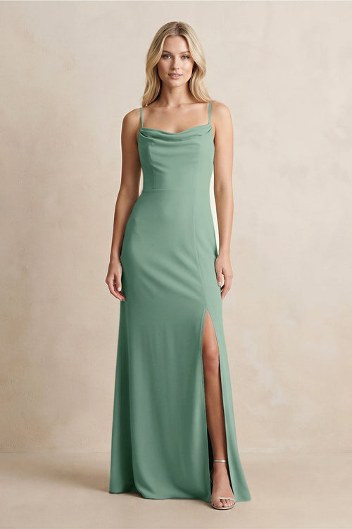 Spaghetti Straps Sheath Satin Bridesmaid Dress With Slit in Mint Green - KissProm Bridesmaid Dresses