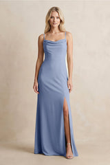 Spaghetti Straps Sheath Satin Bridesmaid Dress With Slit in Mist - KissProm Bridesmaid Dresses