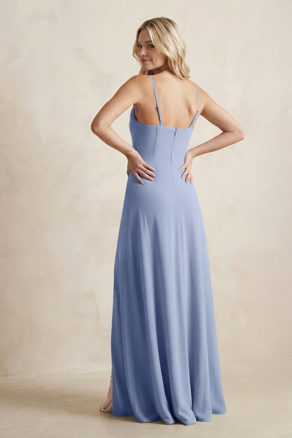 Spaghetti Straps Sheath Satin Bridesmaid Dress With Slit in Mist - KissProm Bridesmaid Dresses