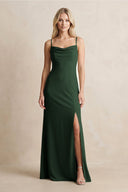 Spaghetti Straps Sheath Satin Bridesmaid Dress With Slit in Moss - KissProm Bridesmaid Dresses