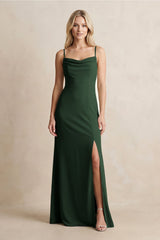 Spaghetti Straps Sheath Satin Bridesmaid Dress With Slit in Moss - KissProm Bridesmaid Dresses