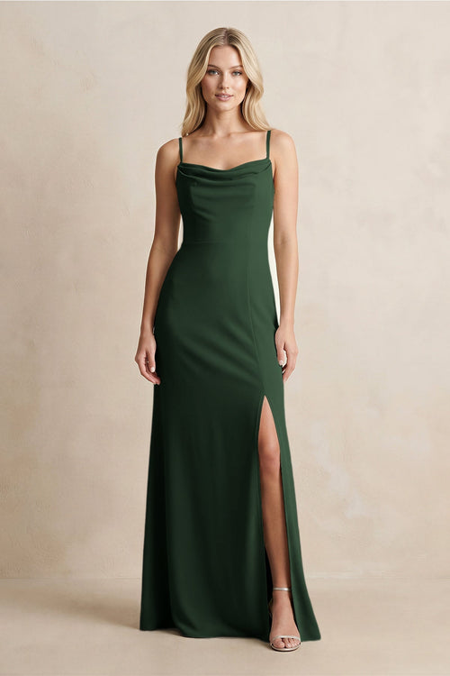 Spaghetti Straps Sheath Satin Bridesmaid Dress With Slit in Moss - KissProm Bridesmaid Dresses