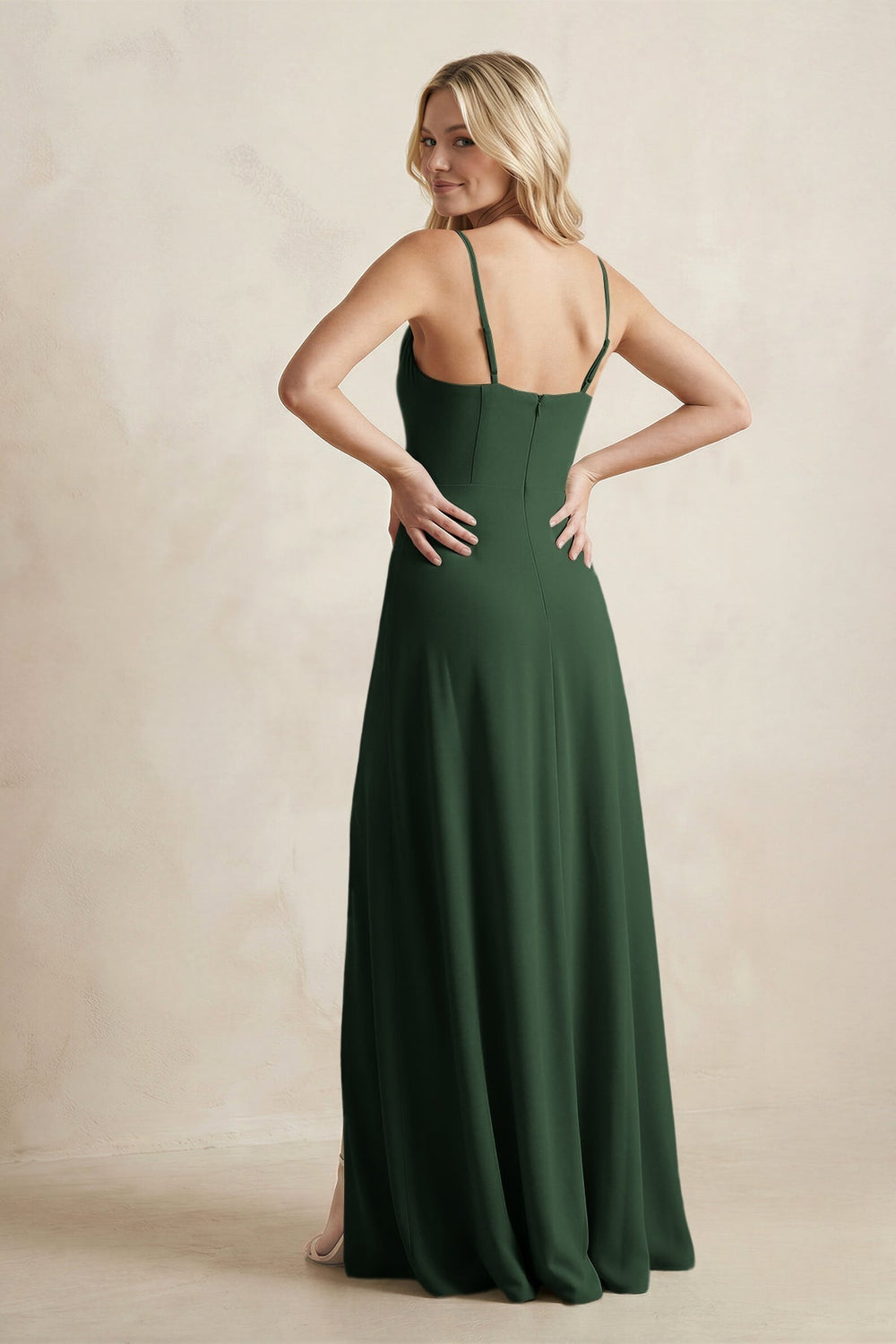 Spaghetti Straps Sheath Satin Bridesmaid Dress With Slit in Moss - KissProm Bridesmaid Dresses