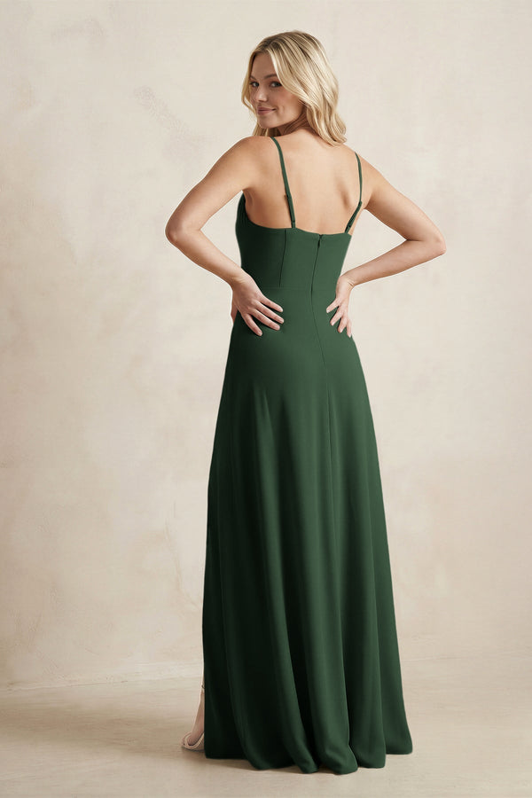 Spaghetti Straps Sheath Satin Bridesmaid Dress With Slit in Moss - KissProm Bridesmaid Dresses
