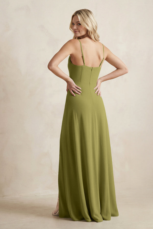 Spaghetti Straps Sheath Satin Bridesmaid Dress With Slit in Moss Green - KissProm Bridesmaid Dresses