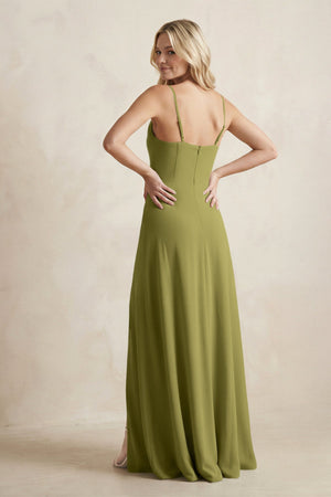 Spaghetti Straps Sheath Satin Bridesmaid Dress With Slit in Moss Green - KissProm Bridesmaid Dresses