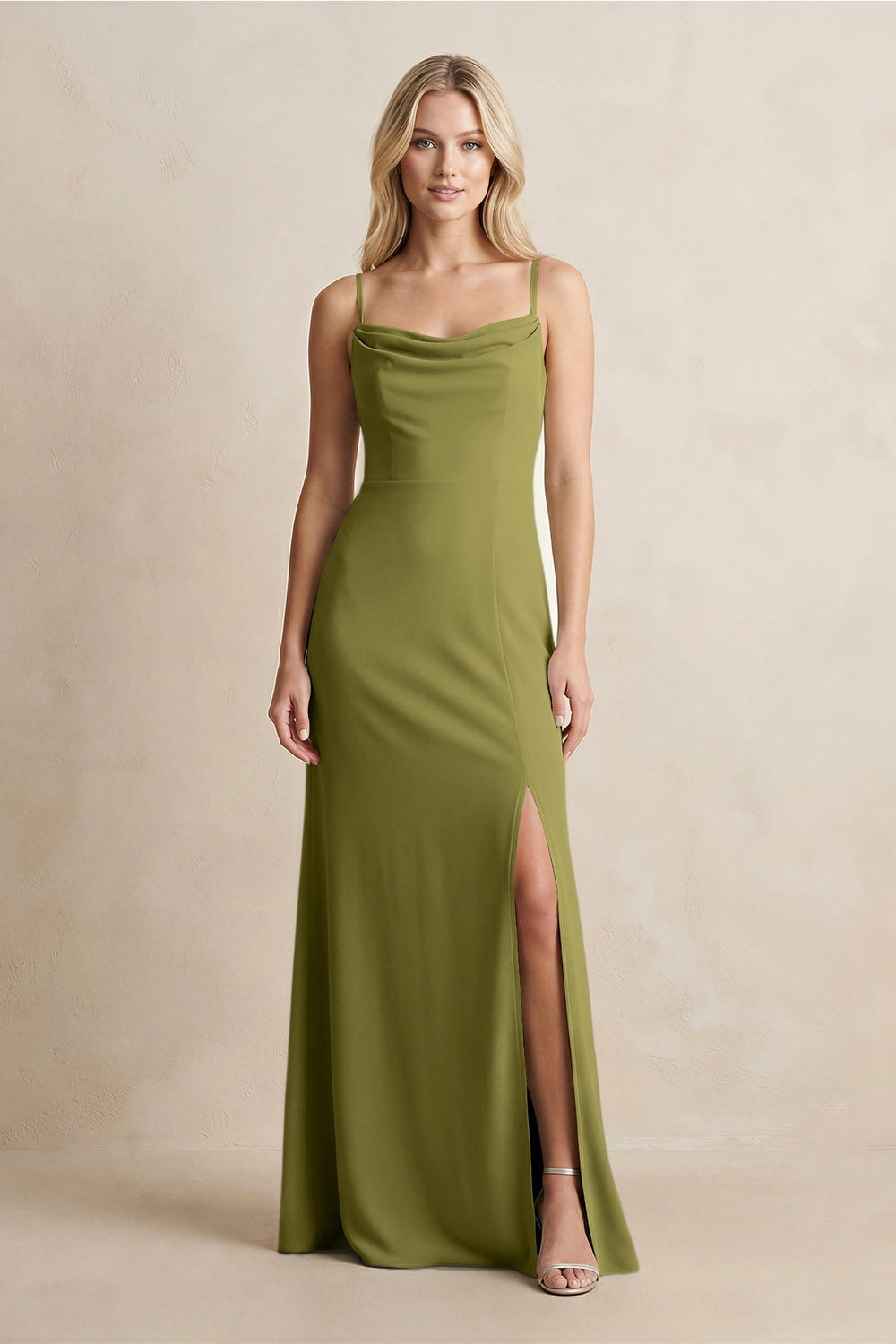 Spaghetti Straps Sheath Satin Bridesmaid Dress With Slit in Moss Green - KissProm Bridesmaid Dresses