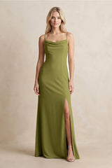 Spaghetti Straps Sheath Satin Bridesmaid Dress With Slit in Moss Green - KissProm Bridesmaid Dresses