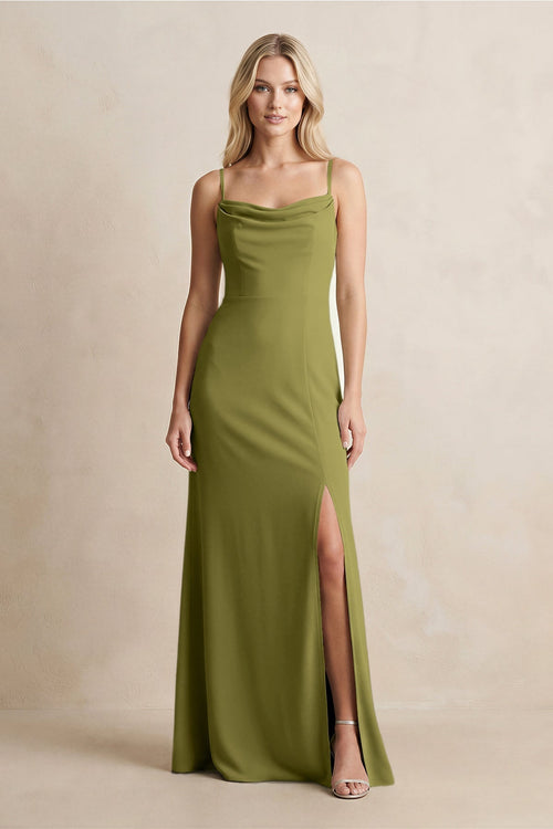 Spaghetti Straps Sheath Satin Bridesmaid Dress With Slit in Moss Green - KissProm Bridesmaid Dresses