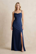 Spaghetti Straps Sheath Satin Bridesmaid Dress With Slit in Navy - KissProm Bridesmaid Dresses