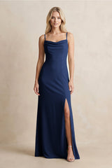 Spaghetti Straps Sheath Satin Bridesmaid Dress With Slit in Navy - KissProm Bridesmaid Dresses
