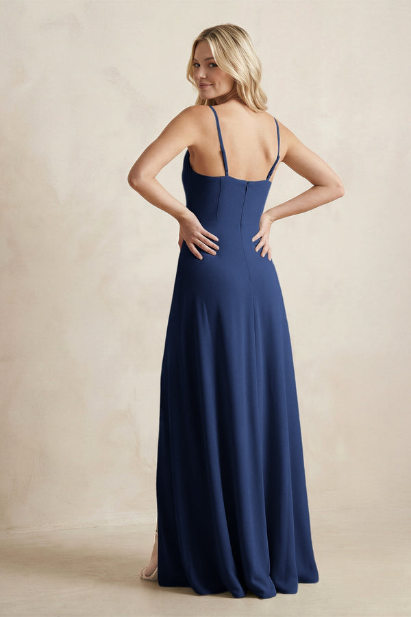 Spaghetti Straps Sheath Satin Bridesmaid Dress With Slit in Navy - KissProm Bridesmaid Dresses
