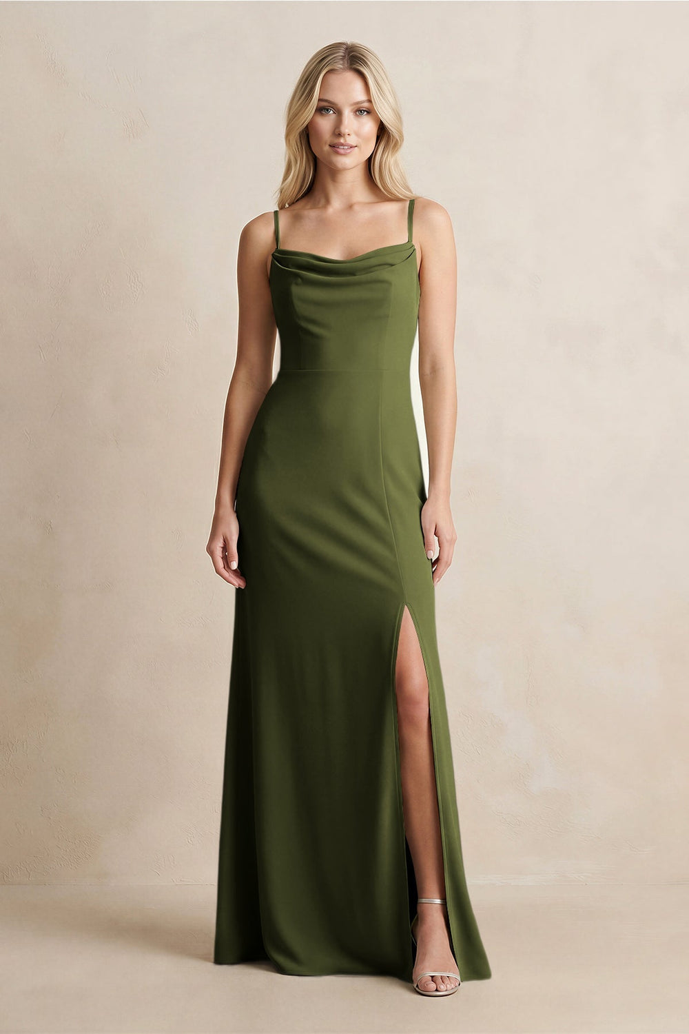 Spaghetti Straps Sheath Satin Bridesmaid Dress With Slit in Olive - KissProm Bridesmaid Dresses