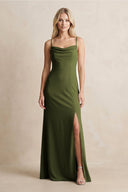 Spaghetti Straps Sheath Satin Bridesmaid Dress With Slit in Olive - KissProm Bridesmaid Dresses