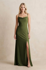 Spaghetti Straps Sheath Satin Bridesmaid Dress With Slit in Olive - KissProm Bridesmaid Dresses