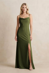 Spaghetti Straps Sheath Satin Bridesmaid Dress With Slit in Olive - KissProm Bridesmaid Dresses