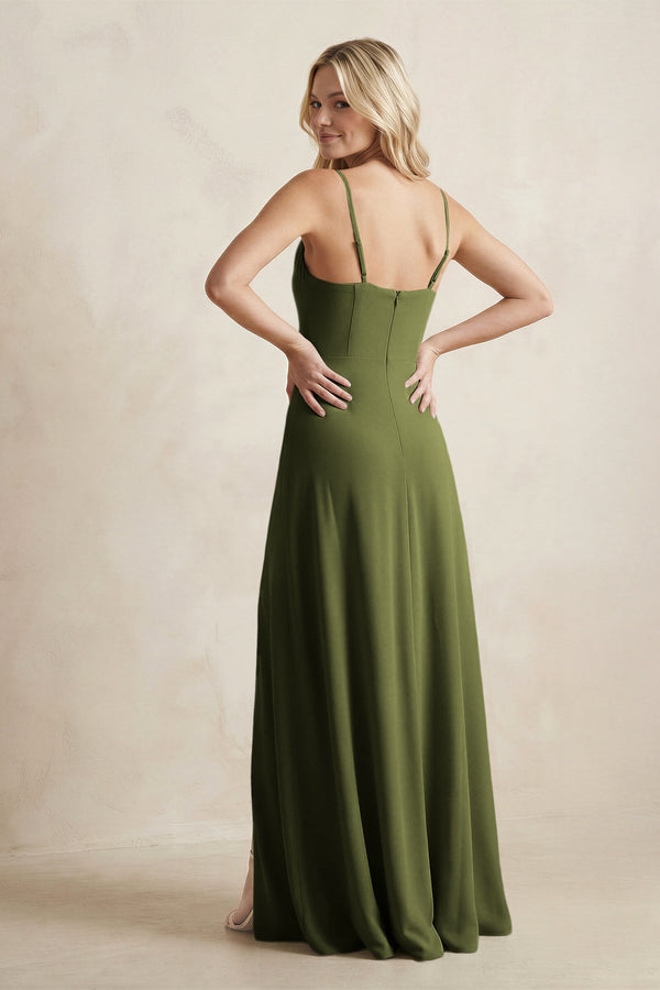 Spaghetti Straps Sheath Satin Bridesmaid Dress With Slit in Olive - KissProm Bridesmaid Dresses