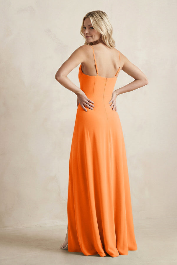 Spaghetti Straps Sheath Satin Bridesmaid Dress With Slit in Orange - KissProm Bridesmaid Dresses