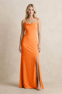 Spaghetti Straps Sheath Satin Bridesmaid Dress With Slit in Orange - KissProm Bridesmaid Dresses