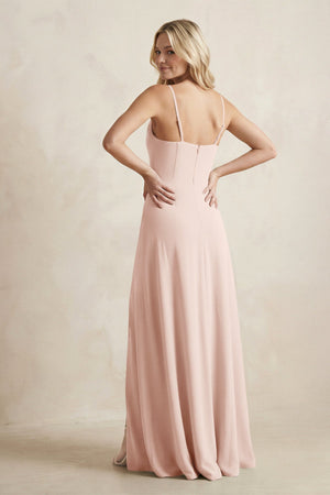 Spaghetti Straps Sheath Satin Bridesmaid Dress With Slit in Pale Blush - KissProm Bridesmaid Dresses