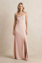 Spaghetti Straps Sheath Satin Bridesmaid Dress With Slit in Pale Blush - KissProm Bridesmaid Dresses