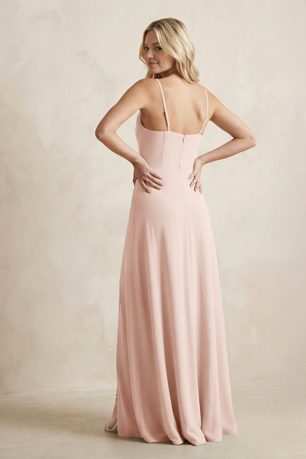 Spaghetti Straps Sheath Satin Bridesmaid Dress With Slit in Pale Blush - KissProm Bridesmaid Dresses
