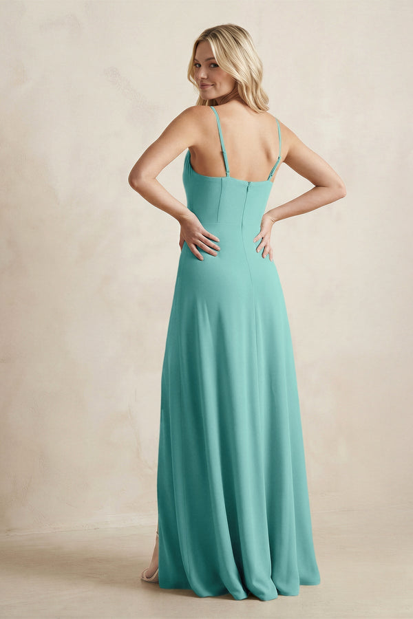 Spaghetti Straps Sheath Satin Bridesmaid Dress With Slit in Pale Pistachio - KissProm Bridesmaid Dresses