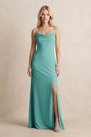 Spaghetti Straps Sheath Satin Bridesmaid Dress With Slit in Pale Pistachio - KissProm Bridesmaid Dresses