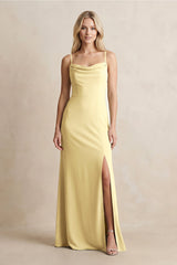 Spaghetti Straps Sheath Satin Bridesmaid Dress With Slit in Pastel Yellow - KissProm Bridesmaid Dresses